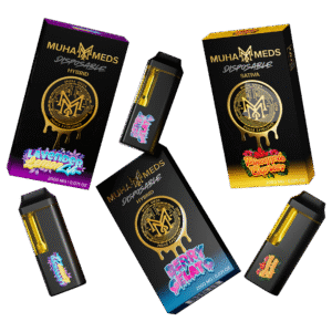 Muha Meds 2000 mg Disposable THC Vape UK – sleek black-and-gold design